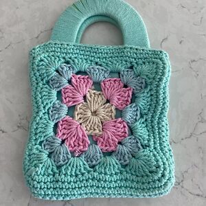 Art Class Green & Pink Cotton Blend Granny Square Crochet Small Purse